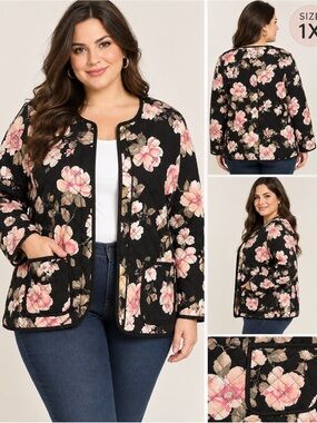 NWT Onque Casual Reversible Quilted Floral Jacket Black Pink Plus Size 1X